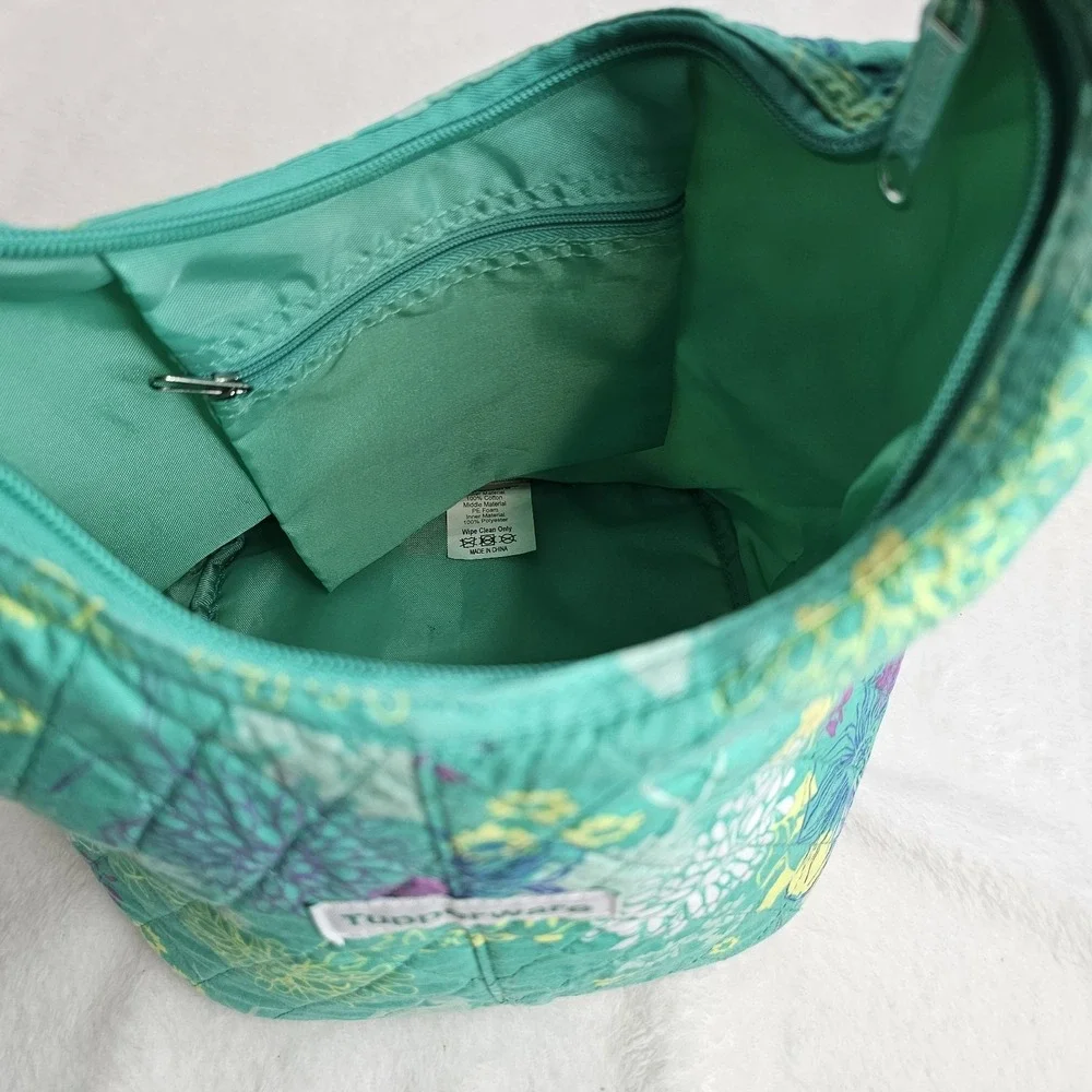 Tupperware Lunch Bag Zipper Hobo Style Green Floral Vintage Quilted
